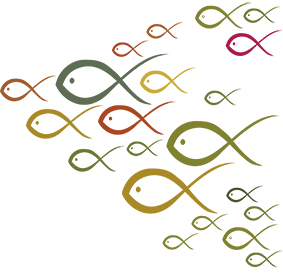 Ett mönster av gula, gröna och röda tecknade fiskar.