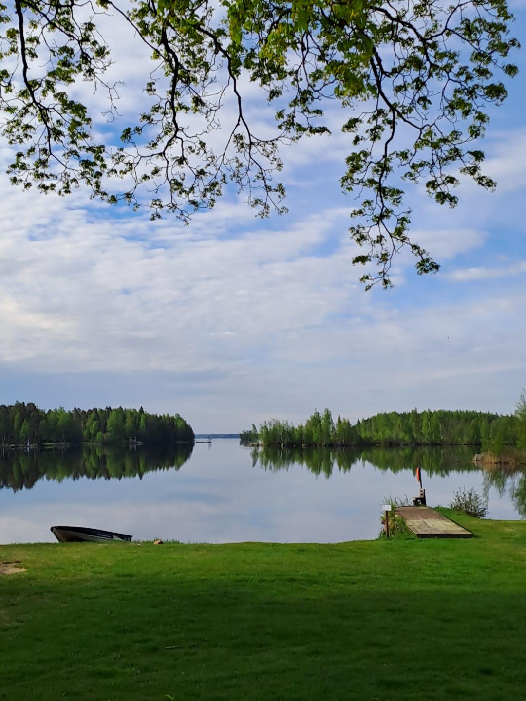 Grön gräsmatta framför en stilla sjö