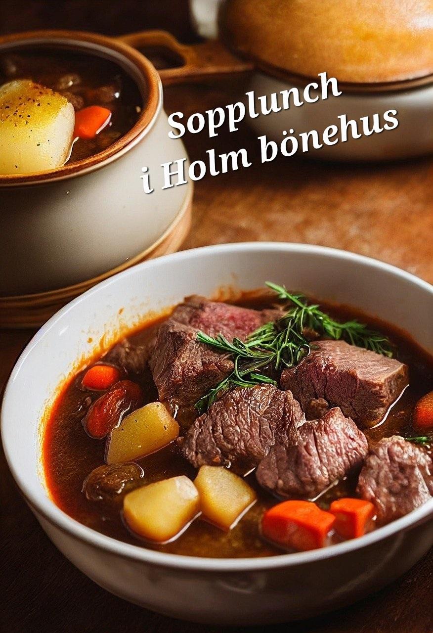 Mustig köttsoppa serverad i skål